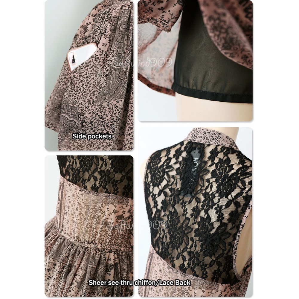 Taupe Black Lace Ruffle Button Boho Chiffon Romper - Picture 5 of 7